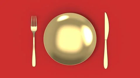 3D rendering gold crockery on red background. Plate, knife and fork Stock Illustration