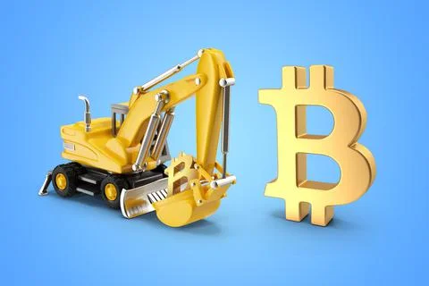 3D rendering gold cryptocurrency and yellow crane on a gold isolated backgrou Stock Illustration