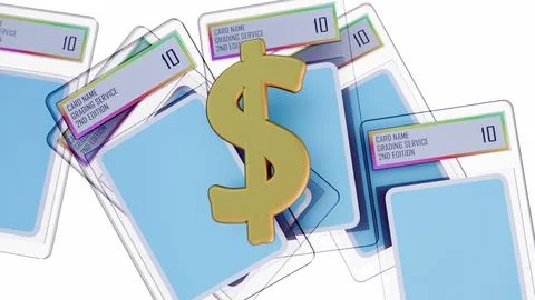 A 3D rendering of gold dollar sign and sealed graded trading card slabs Stock Illustration