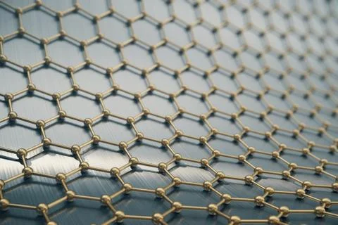 3d rendering gold nanotechnology hexagonal geometric form close-up, concept Stock Illustration
