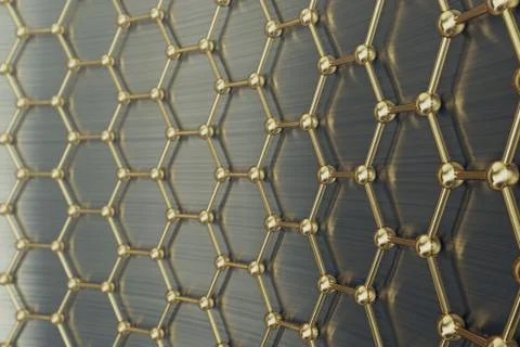 3d rendering gold nanotechnology hexagonal geometric form close-up, concept Stock Illustration