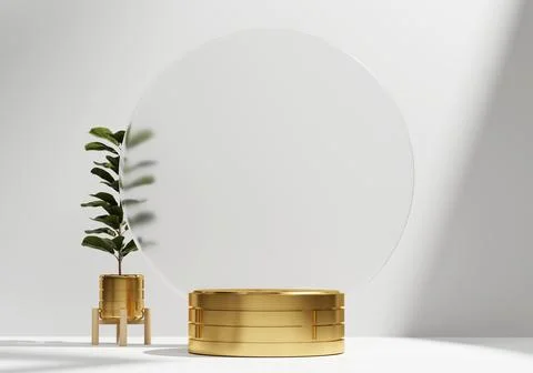 3D rendering gold platform podium with plant product presentation background Stock Illustration