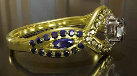 3D rendering, gold ring with diamonds and sapphires Stock Illustration