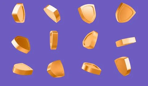 3d rendering gold shields. Golden shield with safety symbol floating and Stock Illustration
