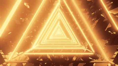 3D rendering of gold triangular lights condensing into a single point Stockillustratie