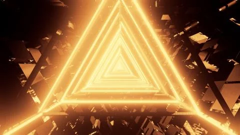 3D rendering of gold triangular lights condensing into a single point イラスト素材