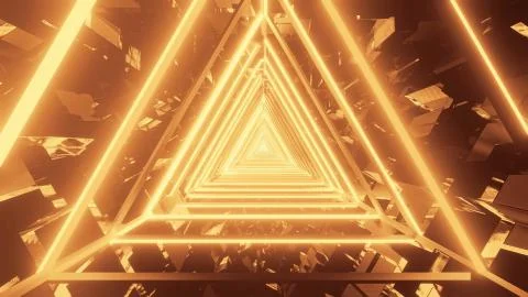 3D rendering of gold triangular lights condensing into a single point Illustrazione stock