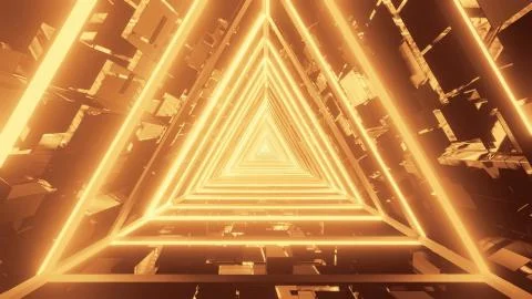3D rendering of gold triangular lights condensing into a single point Ilustración de archivo