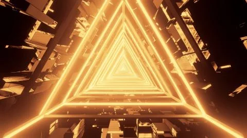 3D rendering of gold triangular lights condensing into a single point 스톡 일러스트