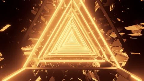 3D rendering of gold triangular lights condensing into a single point Ilustração Stock