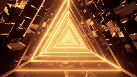 3D rendering of gold triangular lights condensing into a single point Ilustración de archivo