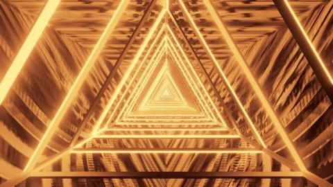3D rendering of gold triangular lights condensing into a single point Illustrazione stock