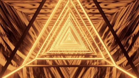 3D rendering of gold triangular lights condensing into a single point Illustrazione stock