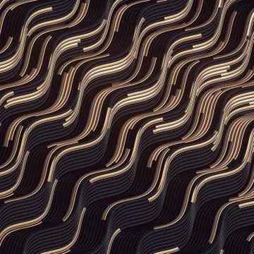 3d rendering gold wave bend lines on dark background beautiful luxury pattern Stock Illustration