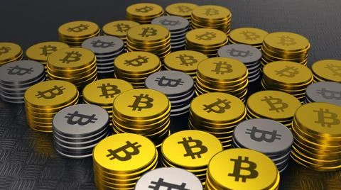 A 3D rendering of golden and silver bitcoins, Cryptocurrency, BTC currency, B Stock Illustration
