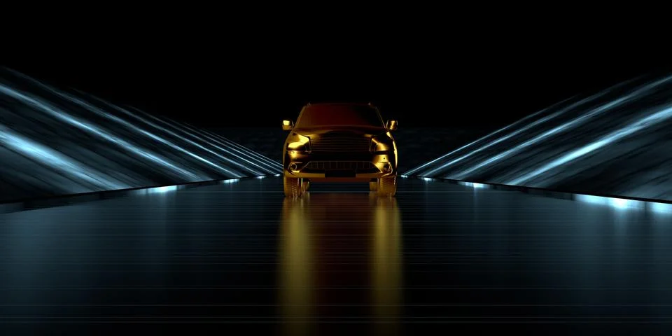 3d rendering of a golden car inside a futuristic road with dark background Illustrazione stock