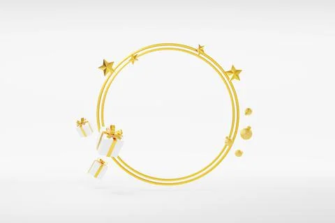 3D rendering Golden circle floating with Christmas decoration element with co Stock Illustration