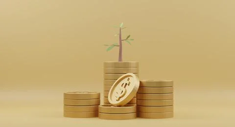 3D Rendering. Golden coins stack with trees on yellow background. 스톡 일러스트