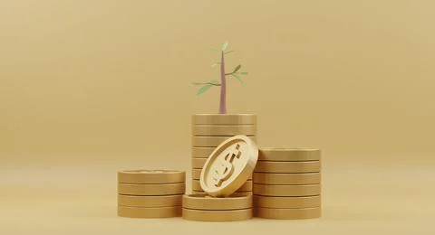 3D Rendering. Golden coins stack with trees on yellow background. Concept of  Illustrazione stock