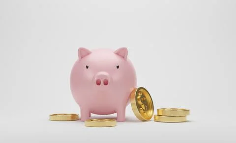 3d rendering. Golden dollar coins with pink piggy bank on white background. I Stock Illustration