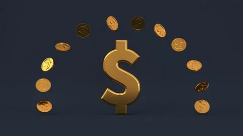 3D rendering Golden dollar currency symbol with flying coins in a circle on.. Stock Illustration