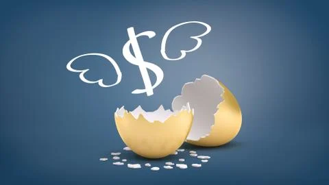3d rendering of a golden eggshell broken in half with a winged dollar sign Ilustración de archivo