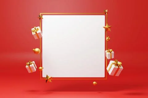 3D rendering Golden frame floating with Christmas decoration element with cop Stock Illustration