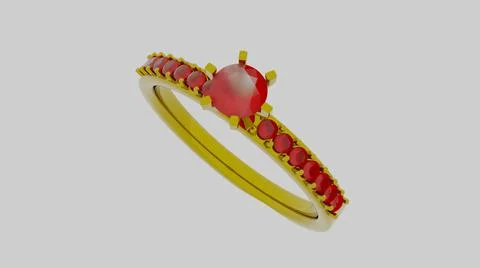 3D rendering of a golden halo ring with shiny red diamonds isolated on white Illustrazione stock