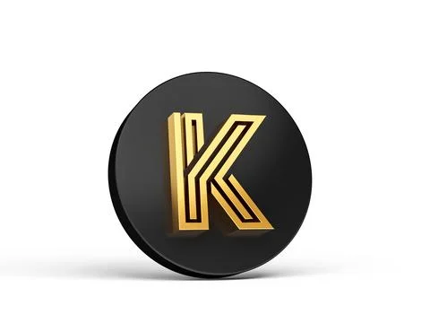 3d rendering of a golden letter k on a black button icon isolated on a white bac Stock Illustration