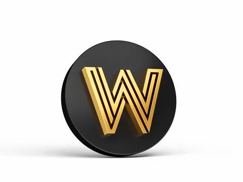 3D rendering of the golden letter W on a black button isolated on a white backgr Stock Illustration