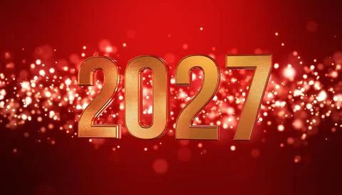 3d rendering of golden light shine particles bokeh and the numbers 2027. Stock Illustration