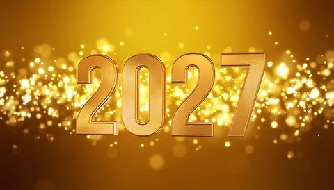 3d rendering of golden light shine particles bokeh and the numbers 2027. Stock Illustration