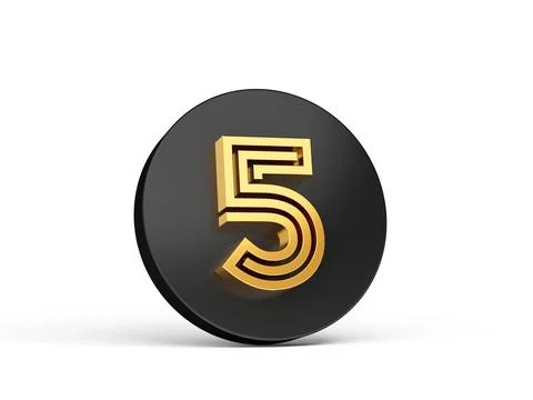 3d rendering of the golden number 5 on a black button isolated on a white backgr Stock Illustration