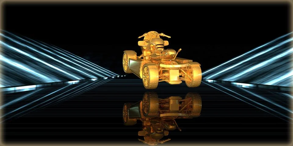 3d rendering of a golden object inside a futuristic road Stock Illustration