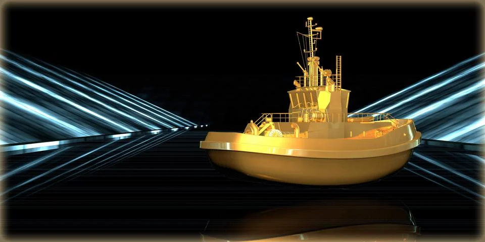 3d rendering of a golden object inside a futuristic road Stock Illustration