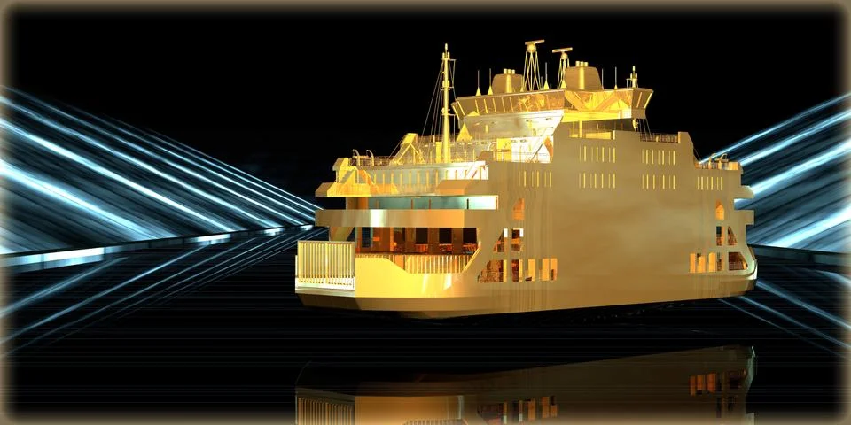 3d rendering of a golden object inside a futuristic road Stock Illustration