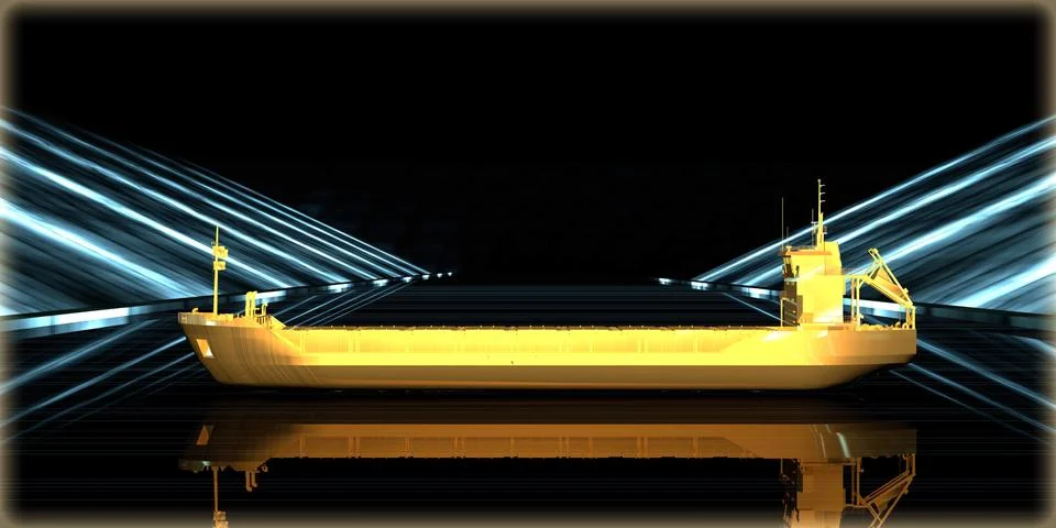 3d rendering of a golden object inside a futuristic road Stock Illustration
