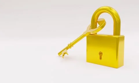 3D rendering of a golden padlock and key on a white background with copyspace - Illustrazione stock