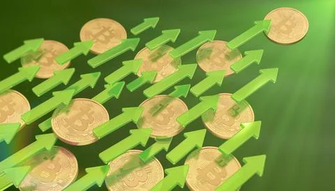 3d rendering of golden, physical Bitcoin coins with green arrows. Stock Illustration