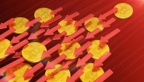 3d rendering of golden, physical Bitcoin coins with red arrows. Illustrazione stock
