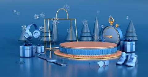 3d rendering of golden podium and Christmas tree. Stock Illustration