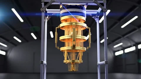 3d rendering golden quantum computer machine in dark factory 4k footage Stock Footage 327641597