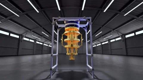 3d rendering golden quantum computer machine in dark factory 4k footage Stock Footage 327641600