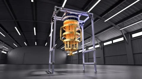 3d rendering golden quantum computer machine in dark factory 4k footage Stock Footage 327641602