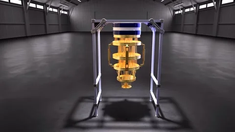 3d rendering golden quantum computer machine in dark factory 4k footage Stock Footage 327641604