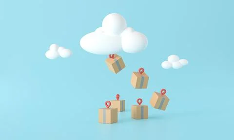 3d rendering good parcel Finished delivery. box point on blue background Ilustración de archivo