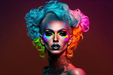3D rendering of a gorgeous drag queen with a vibrant makeup and colorful hair on Ilustración de archivo