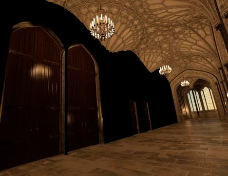 3D Rendering Gothic Hallway Stock Illustration