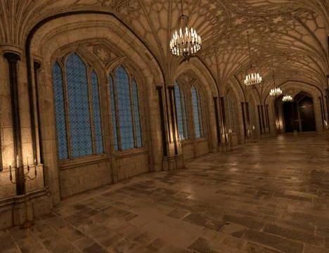 3D Rendering Gothic Hallway Stock Illustration