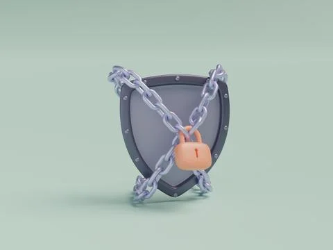 3D rendering of a gray chained and locked shield on a gray background Stock Illustration